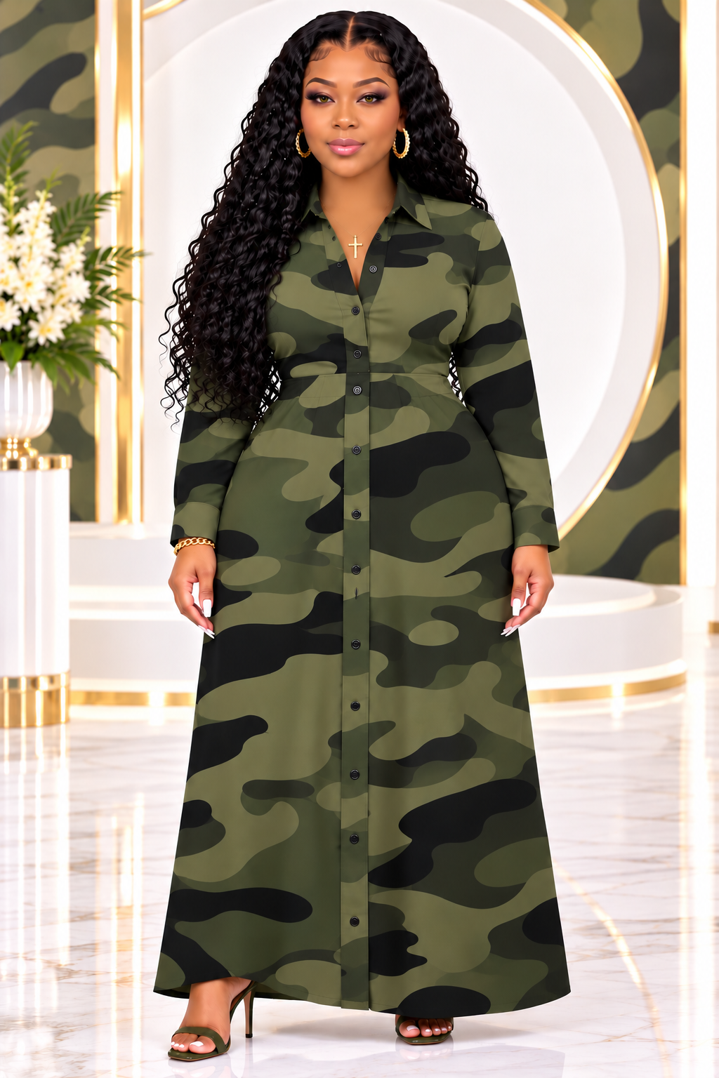 Women’s Elegant Long Sleeve Camouflage Maxi Dress with Removable Belt and Pockets