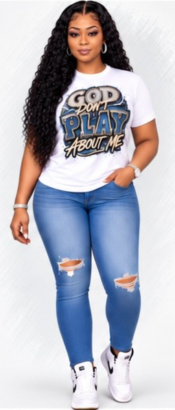 100% Cotton]
"God Doesn't Play Games About Me" Women's T-Shirt | Denim-Look Rhinestone Print Top – Christian-Style Top