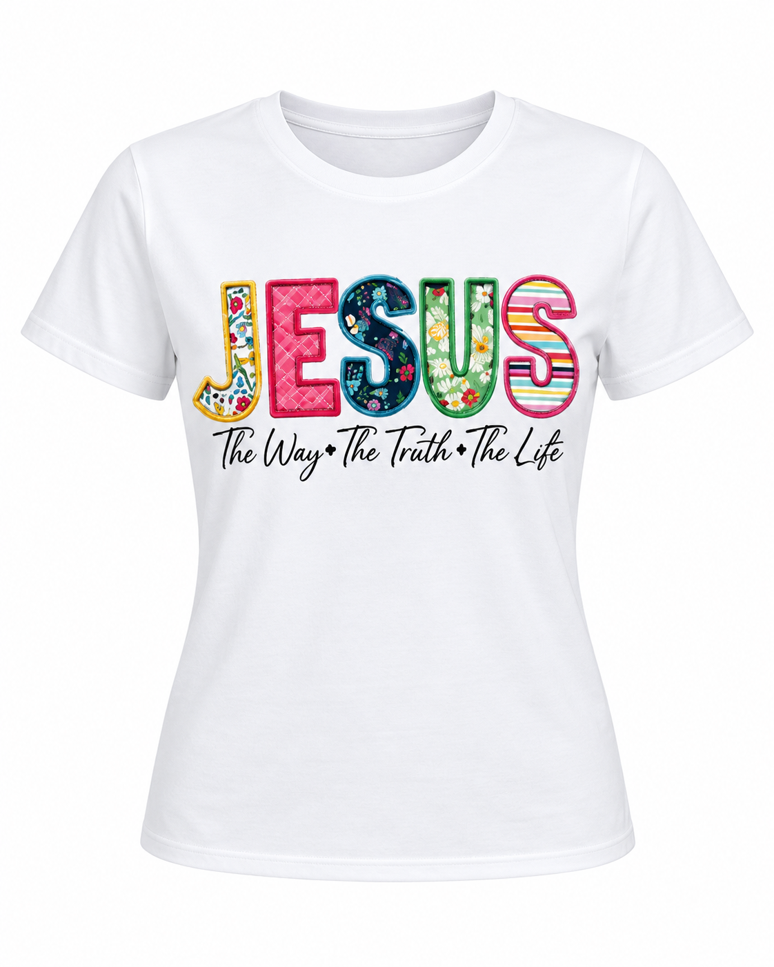 Christian T-Shirt-Jesus Is The Way Truth Life Bible Texts Printed Shirt-Floral Pattern White - Religious Machine Washable Everyday Devotion, Women’s and Girls T-Shirts