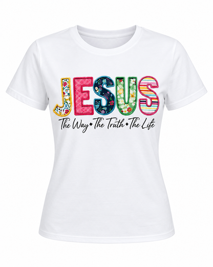 Christian T-Shirt-Jesus Is The Way Truth Life Bible Texts Printed Shirt-Floral Pattern White - Religious Machine Washable Everyday Devotion, Women’s and Girls T-Shirts