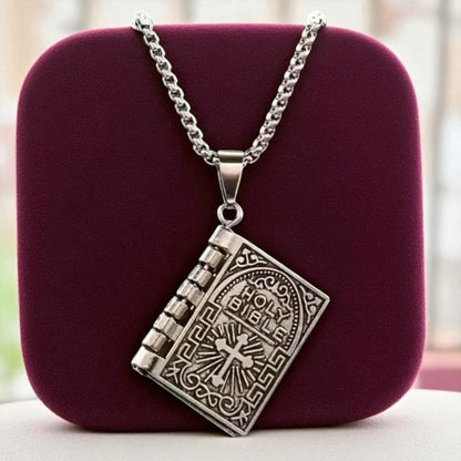 Stainless Steel Lords Prayer Necklace with Open Bible Pendant
