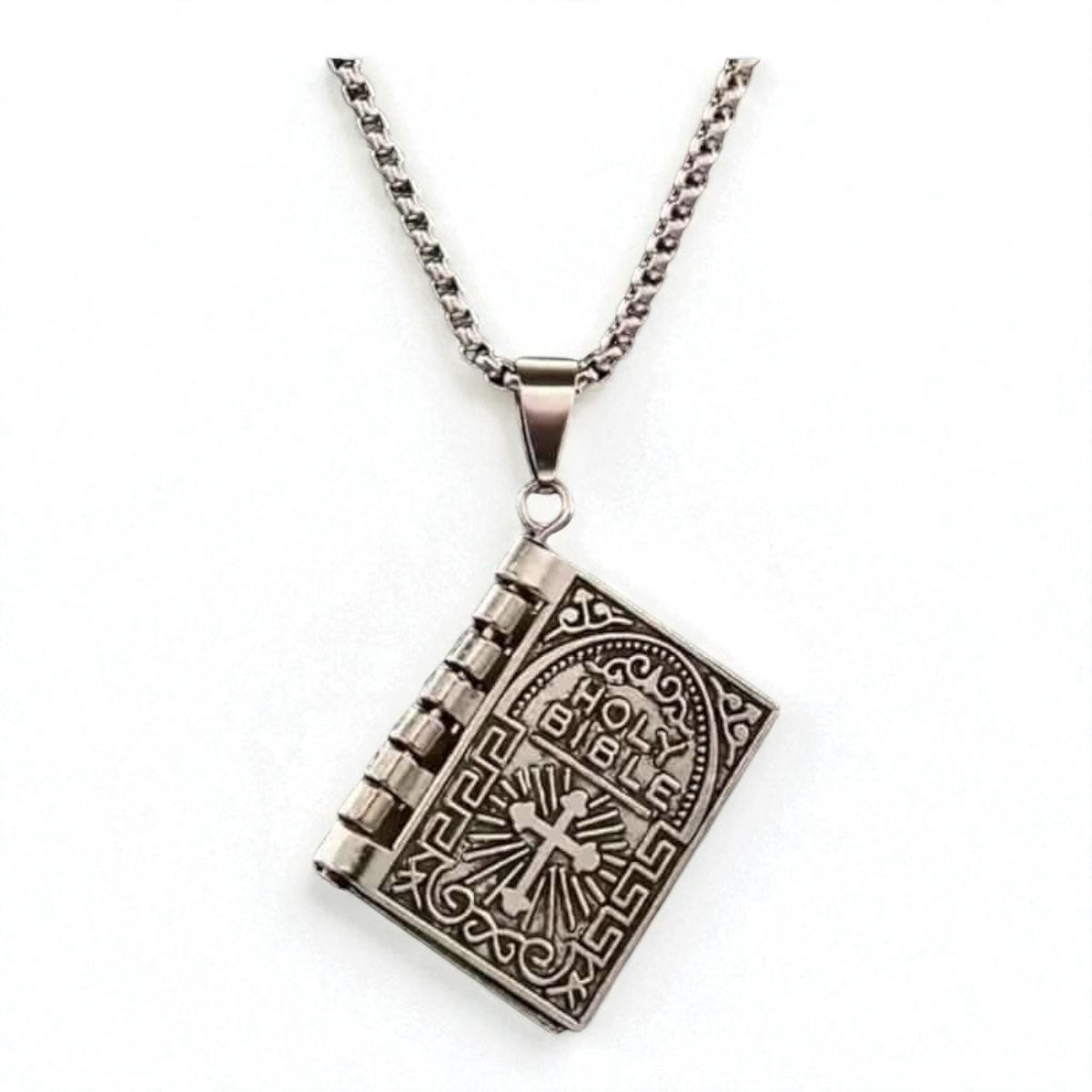 Stainless Steel Lords Prayer Necklace with Open Bible Pendant