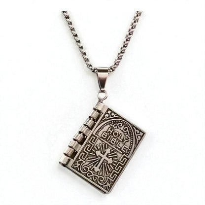 Stainless Steel Lords Prayer Necklace with Open Bible Pendant
