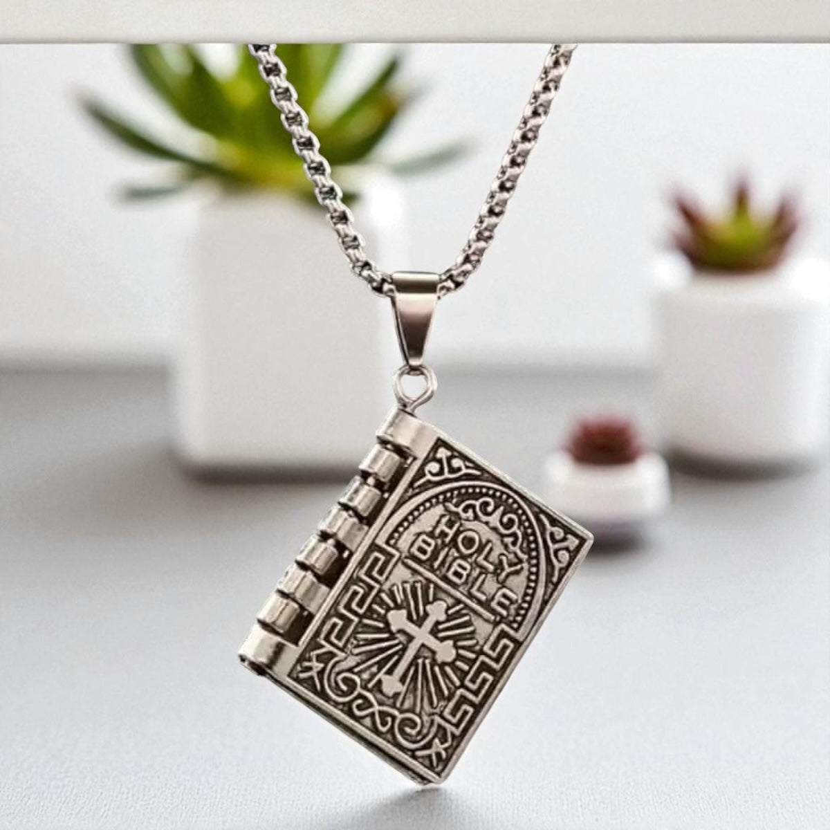 Stainless Steel Lords Prayer Necklace with Open Bible Pendant