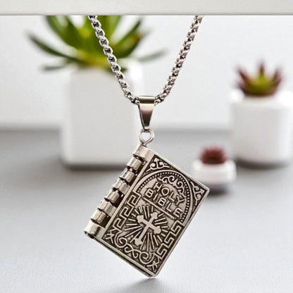 Stainless Steel Lords Prayer Necklace with Open Bible Pendant
