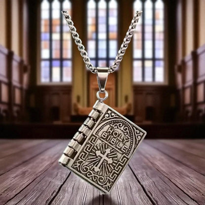 Stainless Steel Lords Prayer Necklace with Open Bible Pendant