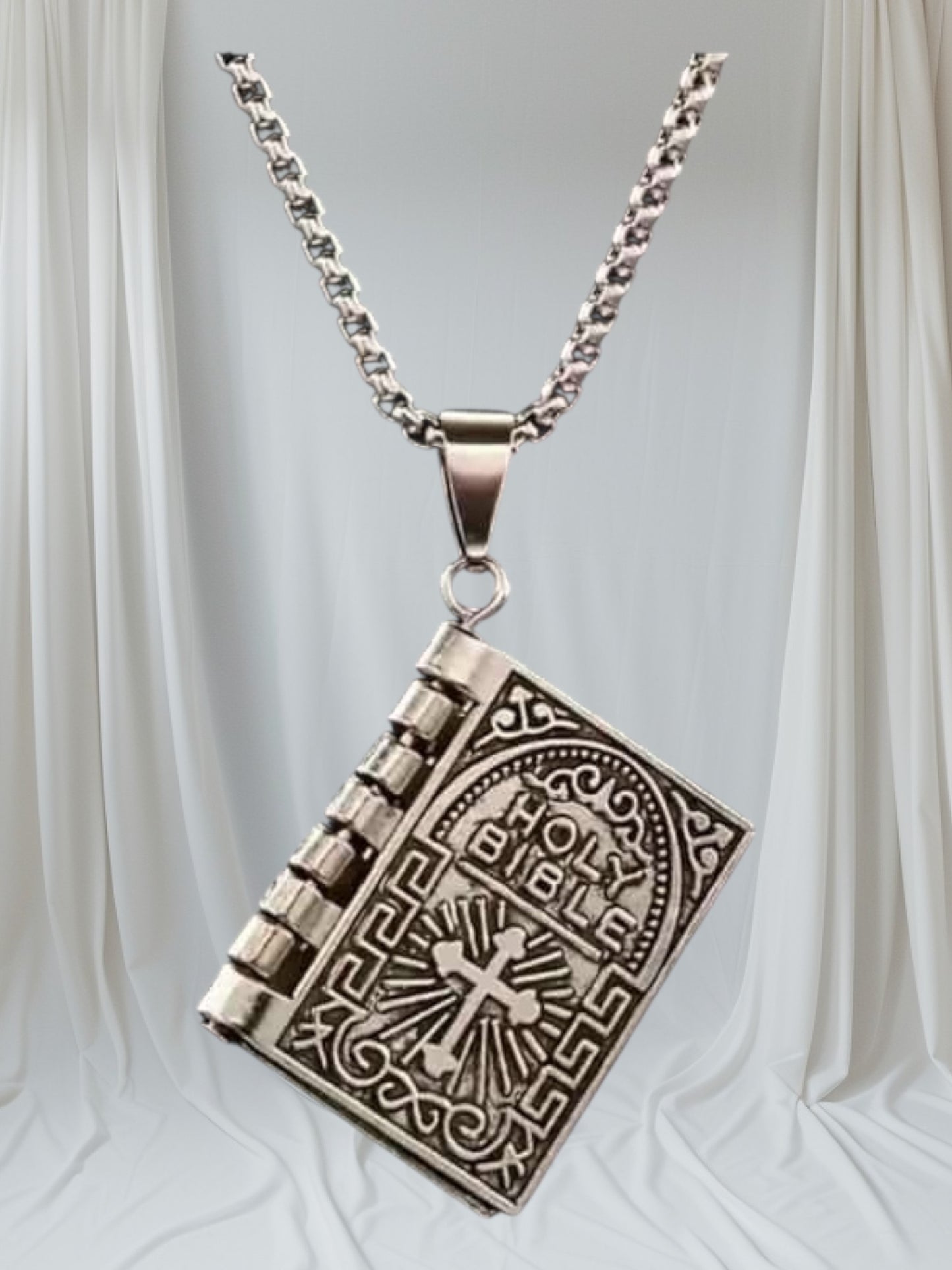 Stainless Steel Lords Prayer Necklace with Open Bible Pendant