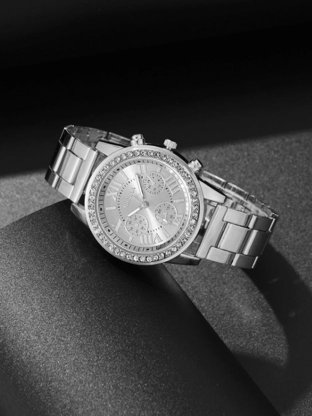 Business Alloy & Stainless-Steel Watch with Rhinestones