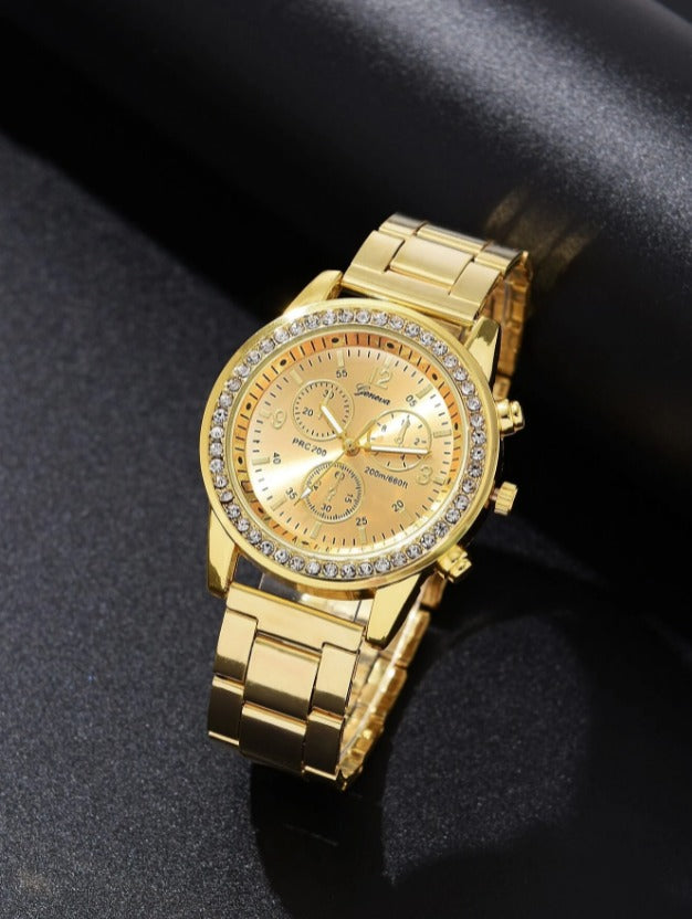 Business Alloy & Stainless-Steel Watch with Rhinestones