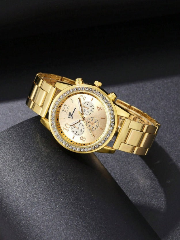 Business Alloy & Stainless-Steel Watch with Rhinestones