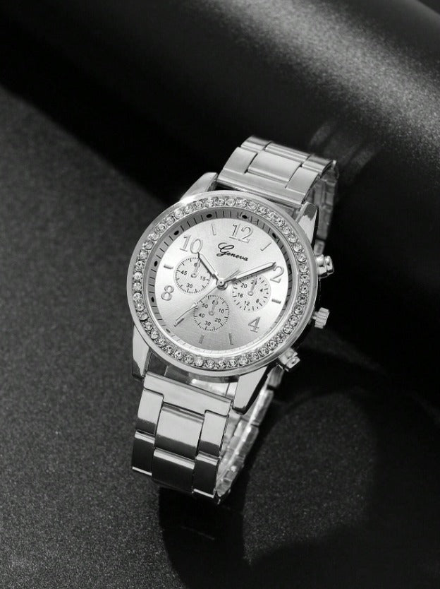 Business Alloy & Stainless-Steel Watch with Rhinestones