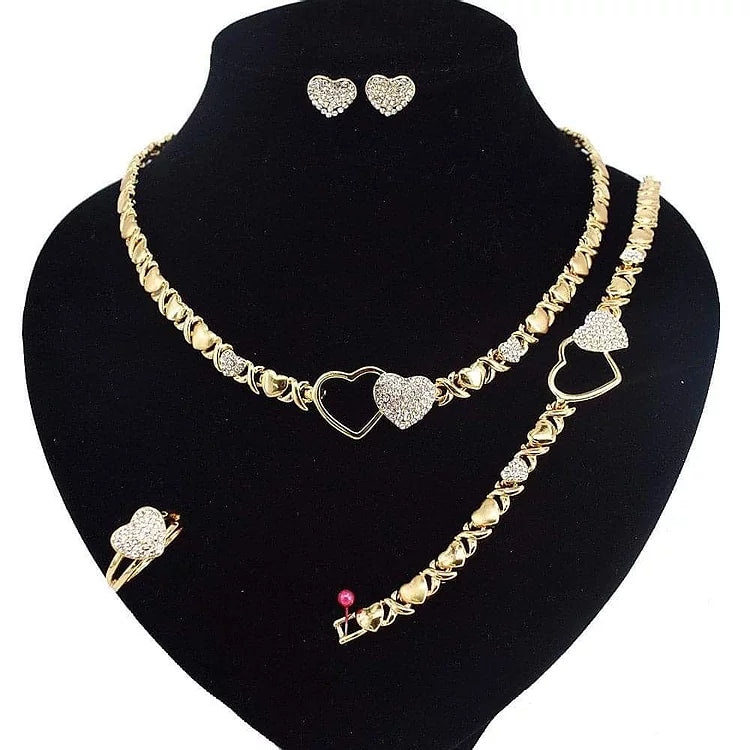 Hearts Jewelry Set 18K Gold-Filled Necklace, Earrings, Bracelet and Ring.