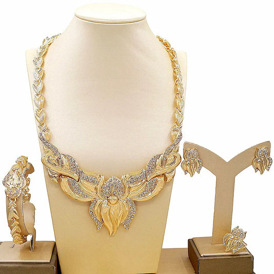 Stylized Jewelry Set 18K Gold-Filled Necklace, Earrings, Bracelet and Ring.