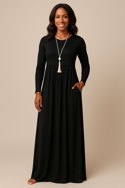 Women's Long Sleeve Loose Plain Maxi Dresses Casual Long Dresses with Pockets