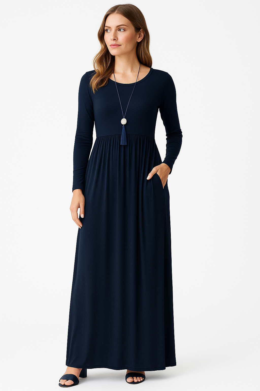 Women's Long Sleeve Loose Plain Maxi Dresses Casual Long Dresses with Pockets